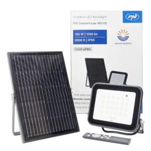 Reflector LED PNI GreenHouse WS100 100W cu panou solar, acumulator 10000mAh, telecomanda, timing si luminozitate reglabila, 6500 K, IP65