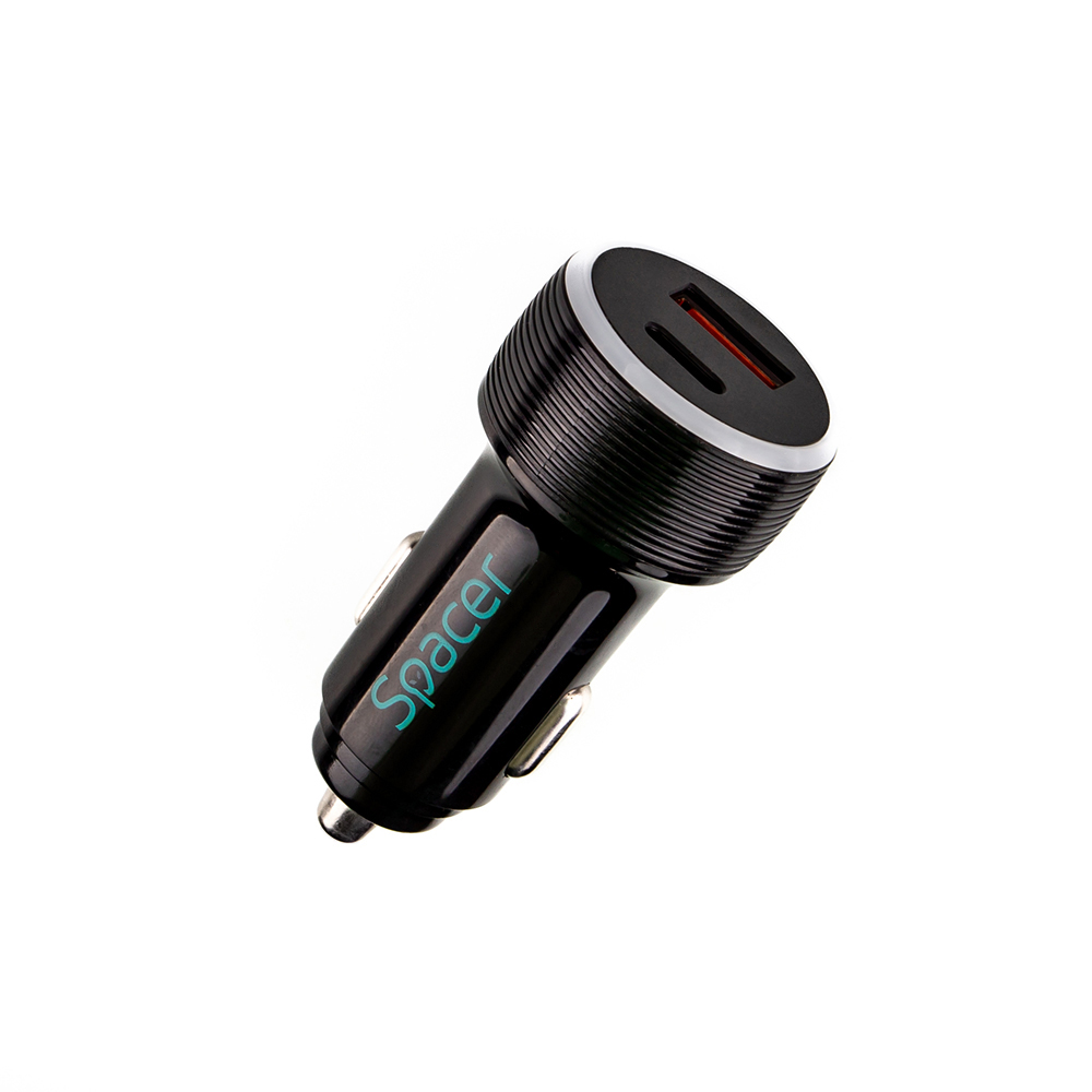 Incarcator Auto Spacer SPCC-DUOQ-01, Quick Charge 3.0, 17W, USB + Type-C, Black