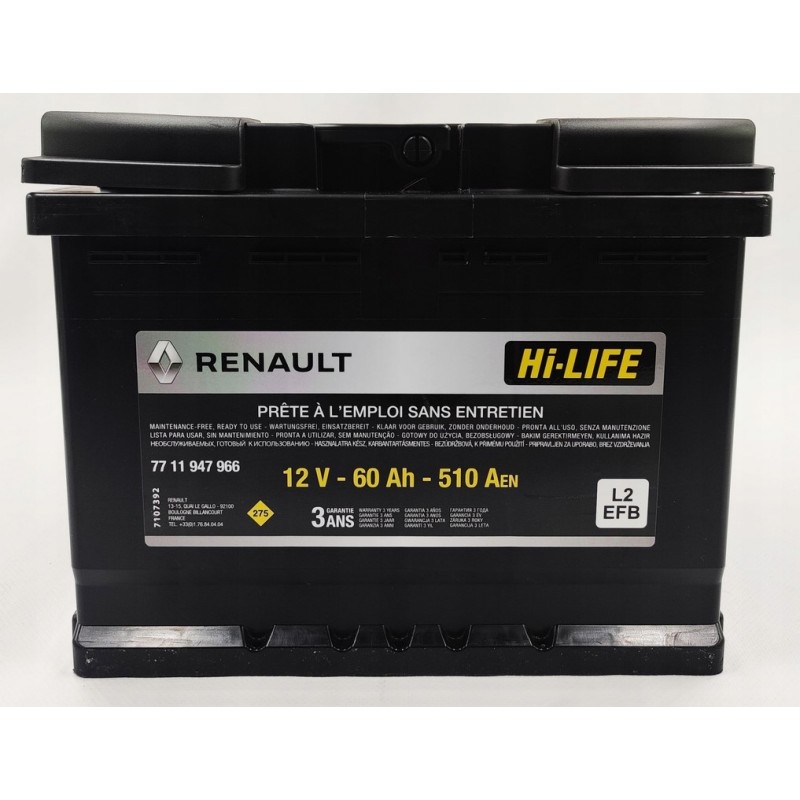 Baterie auto originală RENAULT Start-Stop EFB 12V 60Ah 510A, Renault OE 7711947966
